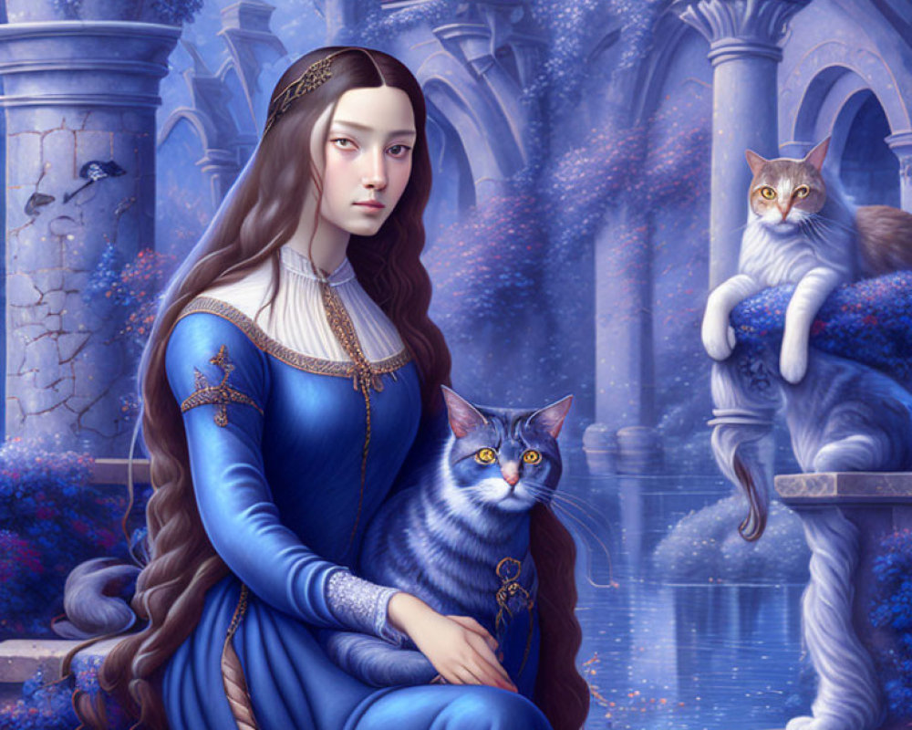 Illustrated noblewoman in blue medieval dress with cats in fantastical castle courtyard.