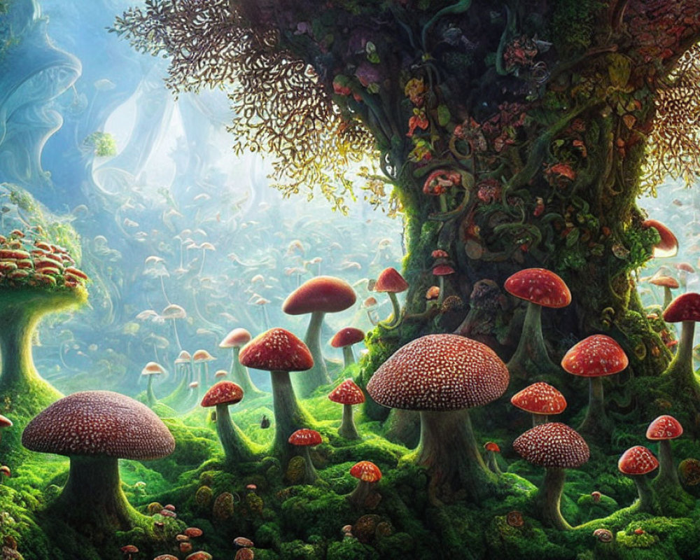 Colorful Fantasy Forest Scene with Giant Mushrooms & Ancient Tree