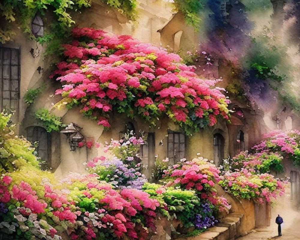 Colorful watercolor of quaint building with pink and purple flowers and lone figure