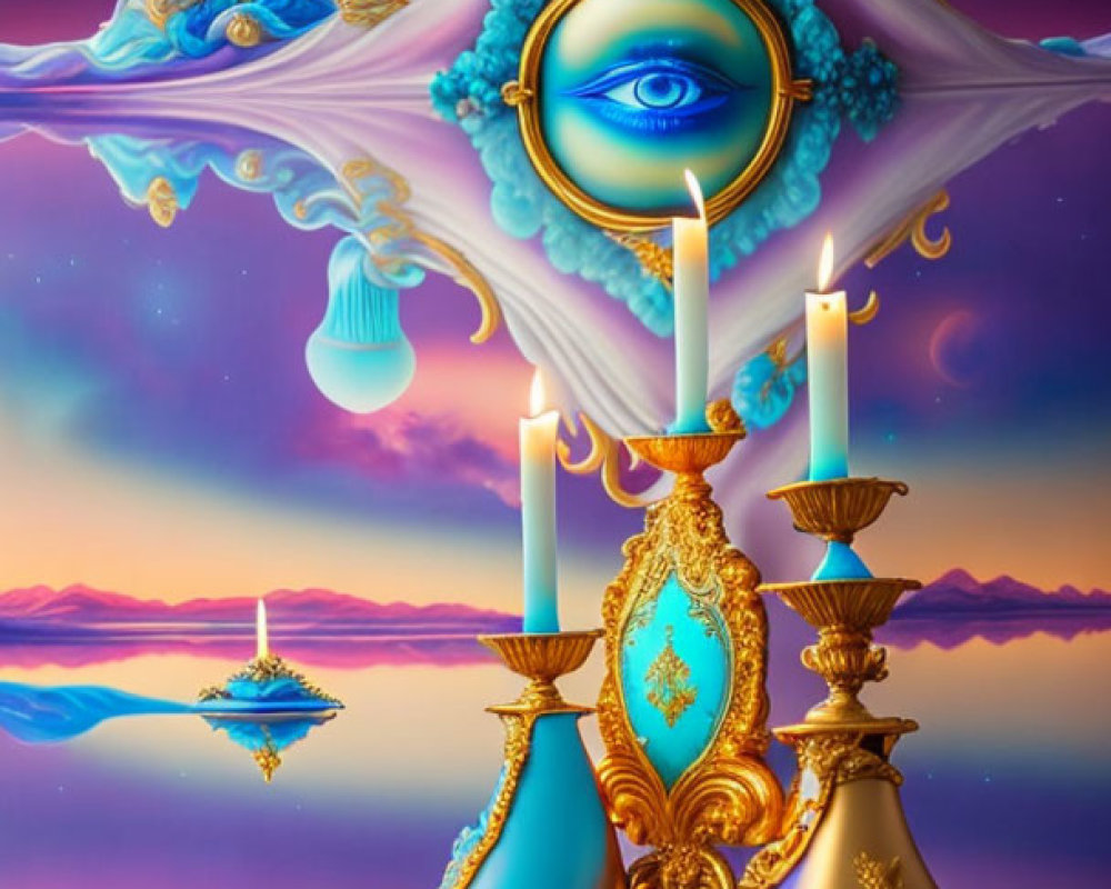 Surreal floating eye in ornate frame with candles in dreamlike landscape