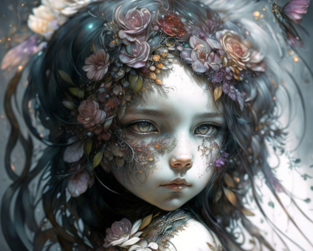 Portrait of young girl with dark hair in floral wreath, surrounded by butterflies.