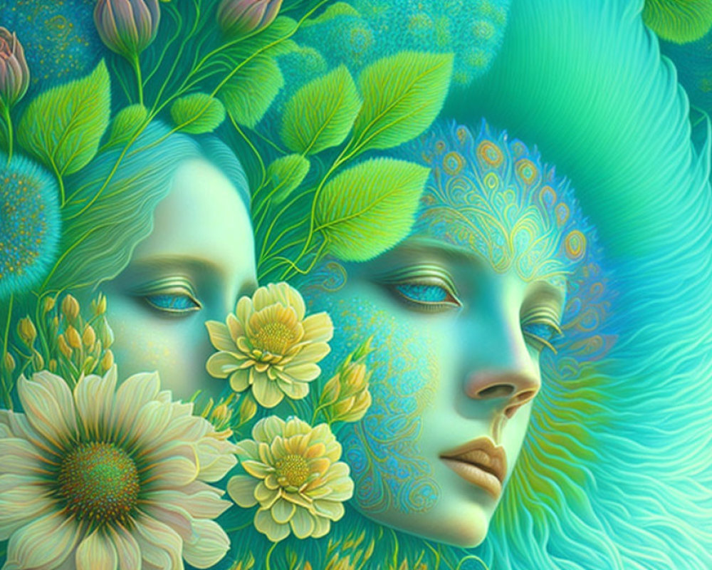 Digital artwork featuring twin faces amidst foliage and flowers in teal and green palette