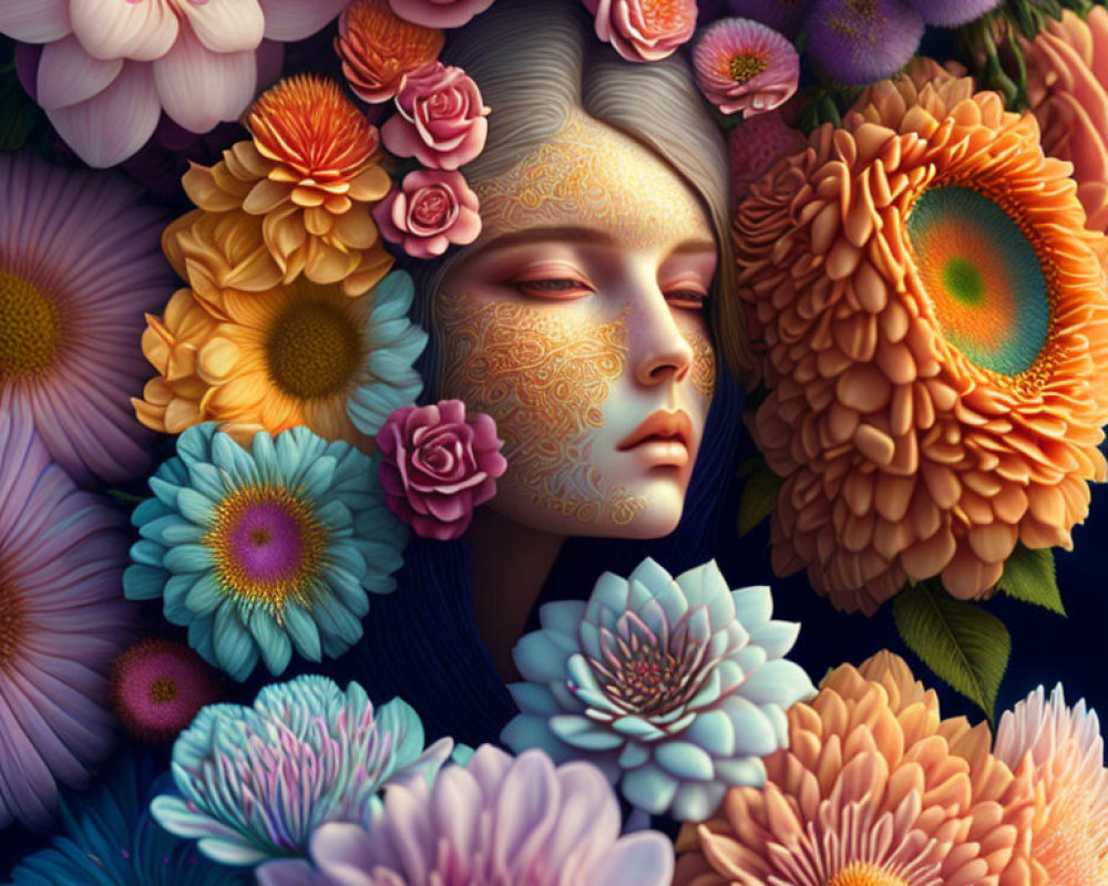 Colorful Flowers Surround Serene Face with Intricate Patterns