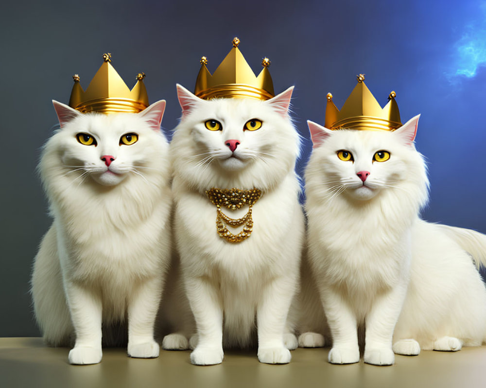 Regal white cats with golden crowns and chain on blue background