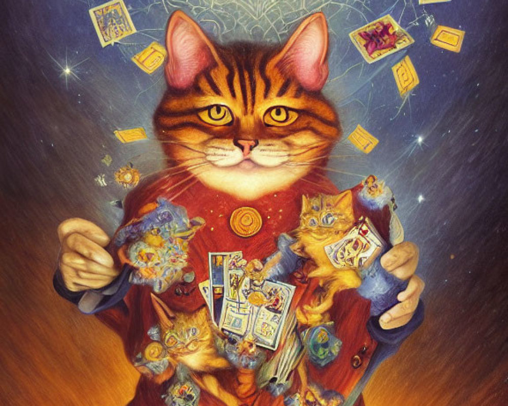 Anthropomorphic cat in ornate robes juggling Tarot cards with mystical symbols and celestial backdrop