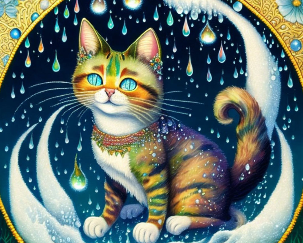 Vibrant illustrated cat under water drop arch on blue-gold background