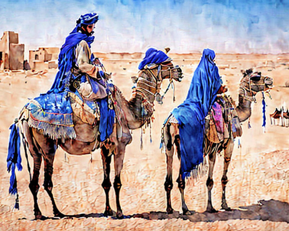 Person in blue traditional attire on camel in desert with adorned camel nearby; desert structures in background.