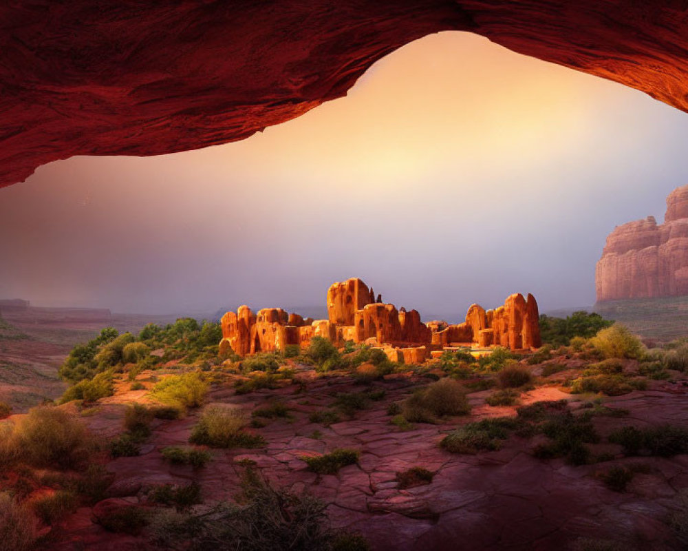 Scenic sunrise through red rock arch in desert landscape