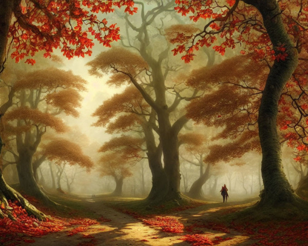 Tranquil Autumn Forest Scene with Golden Light and Figure Walking