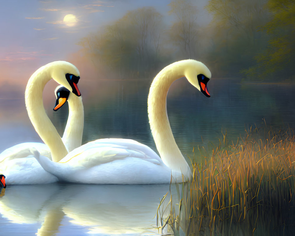 Swans creating heart shape on lake at dusk