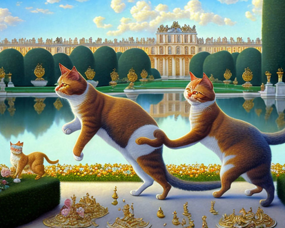 Giant cats in opulent palace gardens with lush greenery and tranquil pond