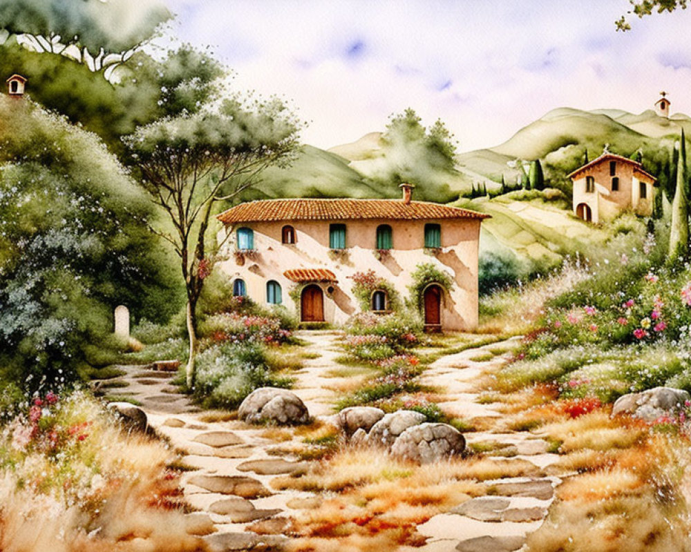 Scenic watercolor: Stone villa in green hills