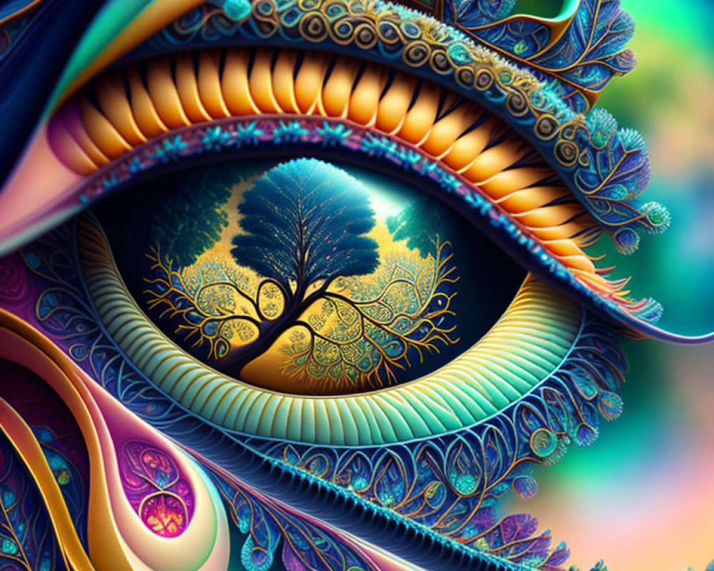 Colorful digital artwork: Stylized eye with golden tree on blue background