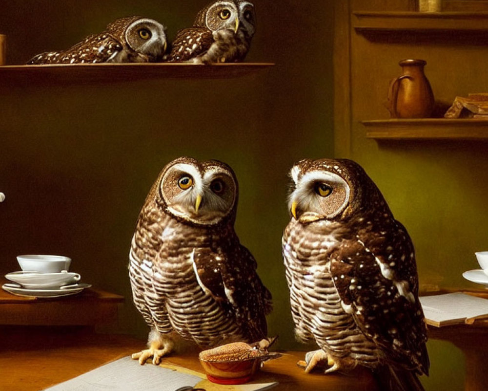 Three owls perched indoors with open books, teacups, and a teapot