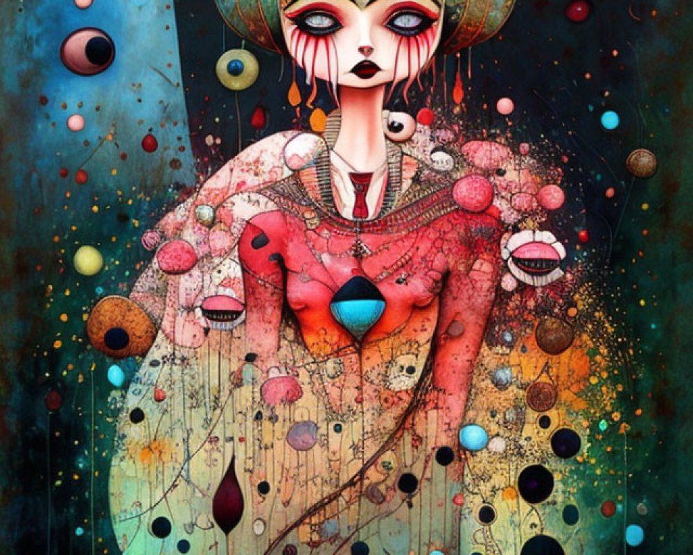 Vibrant surreal illustration of female figure with cosmic headdress