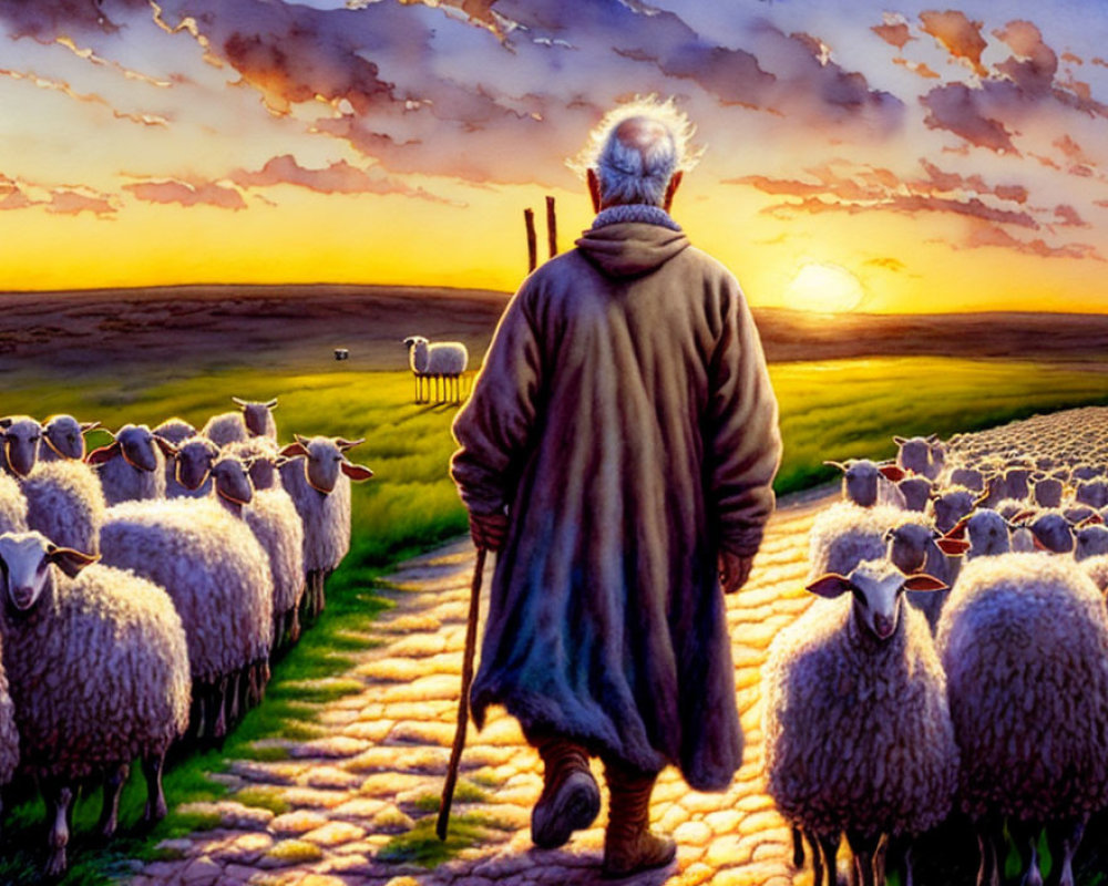 Elderly shepherd guiding flock of sheep at sunset in pastoral scene