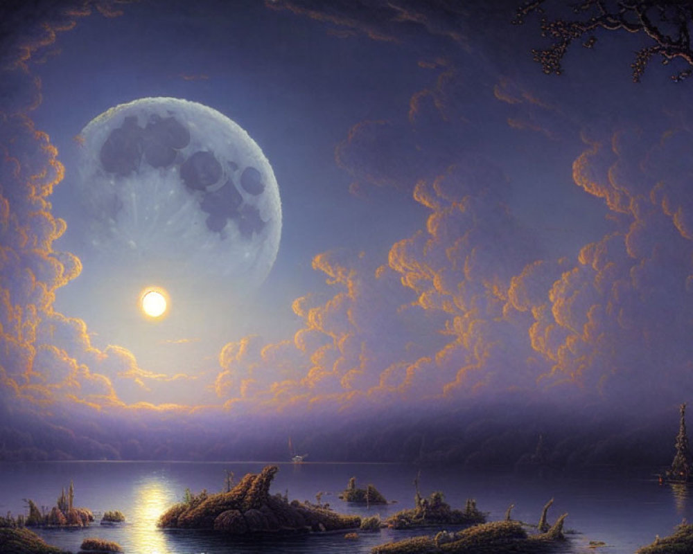 Detailed twilight sky with large moon, sunset over serene lake, islands, and purple clouds.