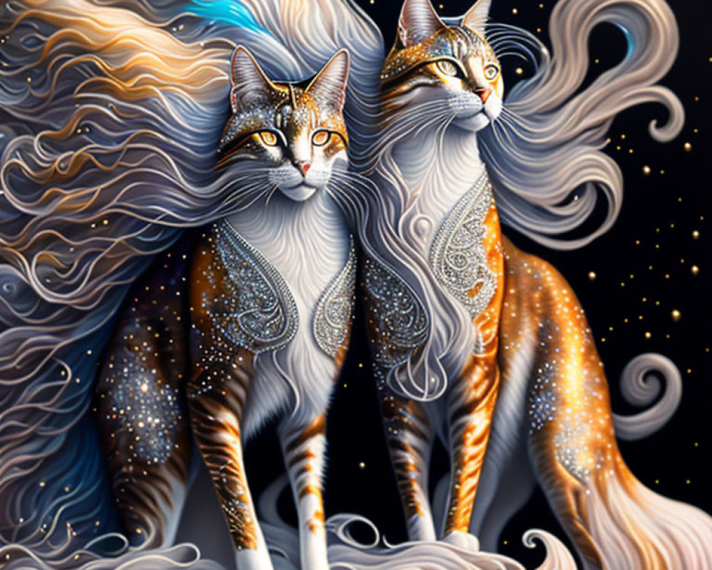 Stylized cats with ornate fur patterns in cosmic fantasy setting