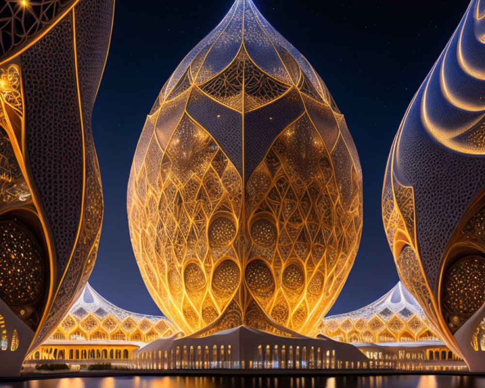 Intricate Lotus Flower Architectural Structure Illuminated at Night