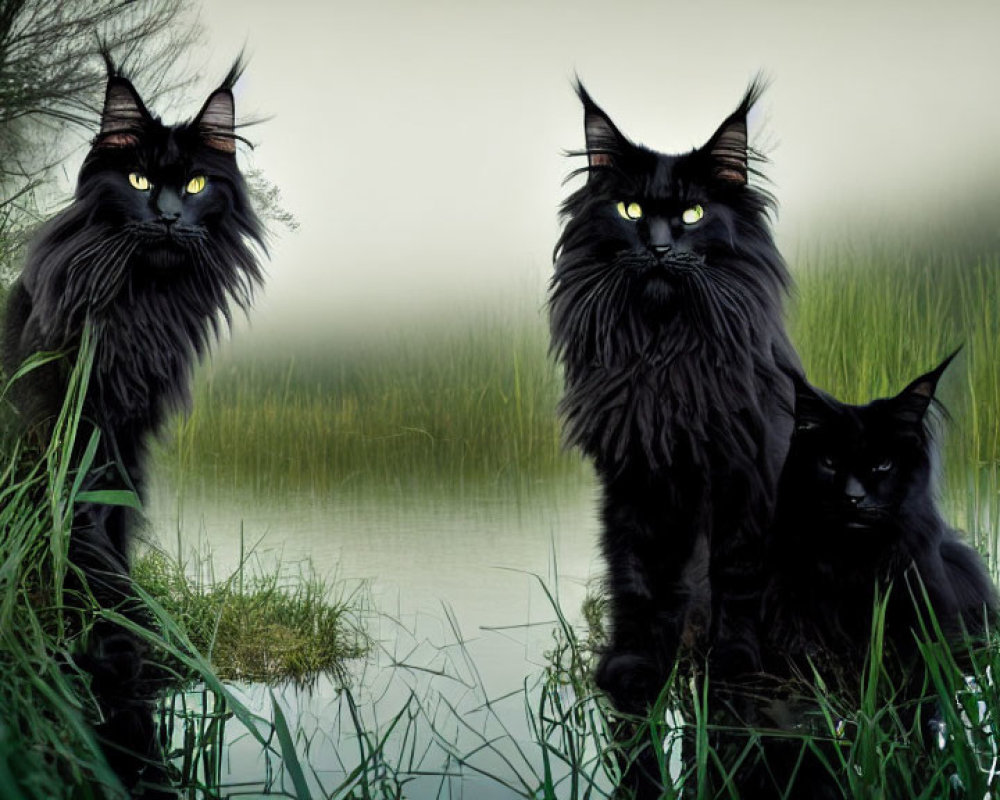 Two Black Cats with Yellow Eyes in Misty Grass by Calm Water