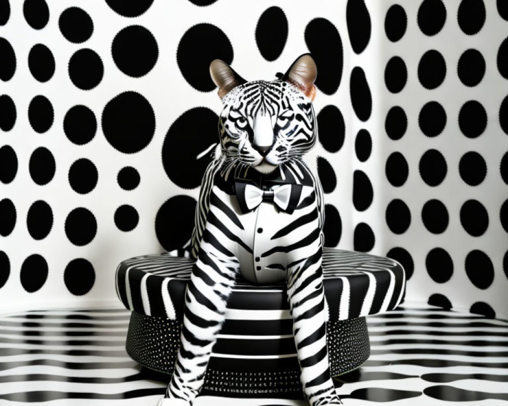 Monochrome image of white tiger in tuxedo against polka dot backdrop