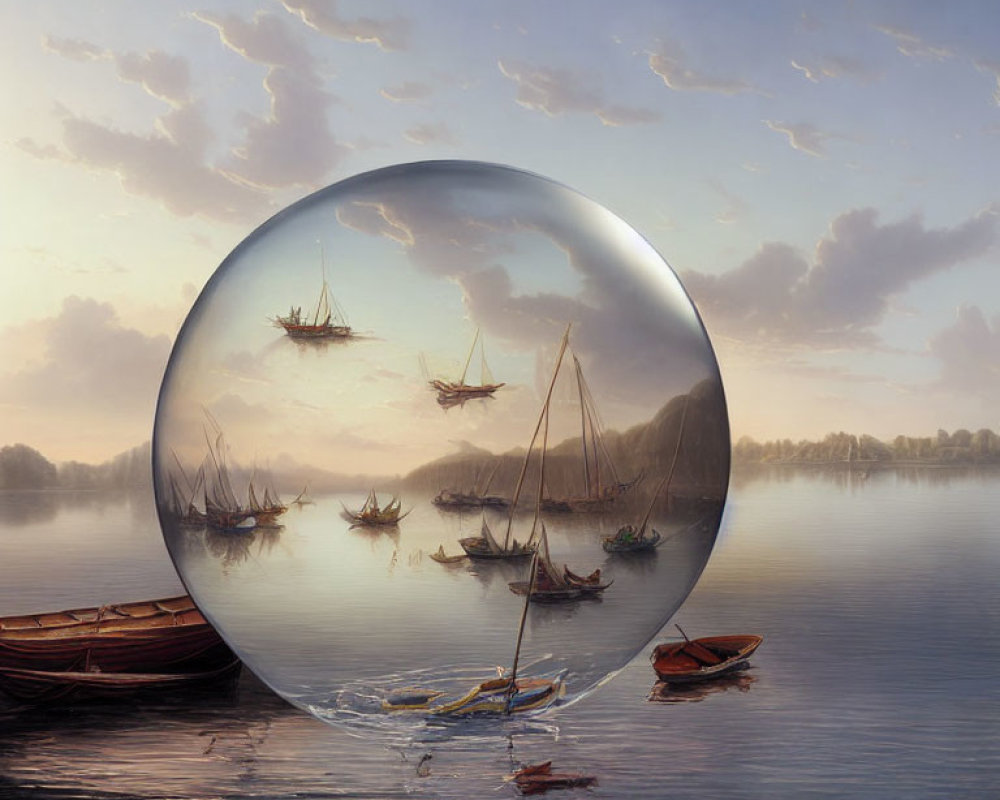 Tranquil seascape with boats reflected in a perfect sphere.