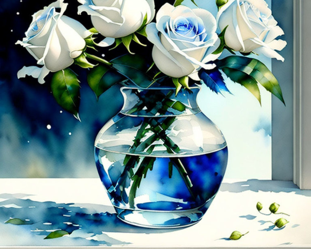 White Roses with Blue Accents in Clear Vase on Windowsill, Sunlight and Shadows