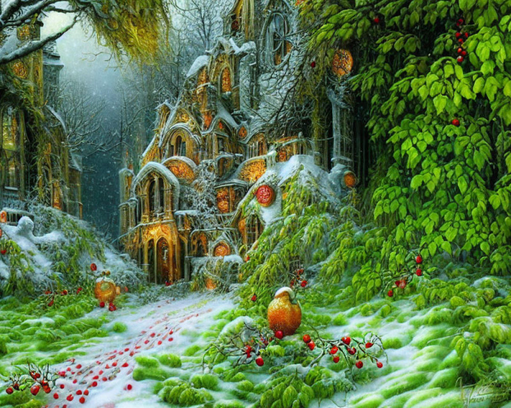 Snow-covered fairy-tale cottage surrounded by ivy and red berries