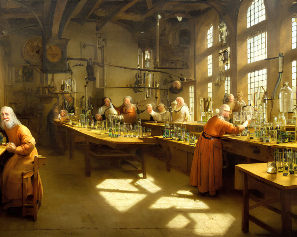 Historical laboratory scene with scholars and scientific equipment in warm sunlight.