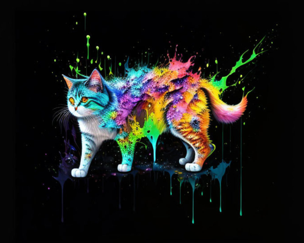 Colorful Splash-Effect Cat Art on Black Background