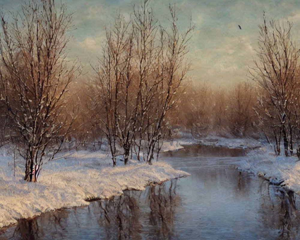 Tranquil winter landscape with snow-covered ground and leafless trees by a stream