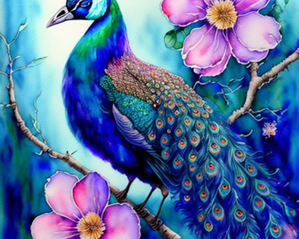 Colorful Peacock Illustration with Iridescent Feathers and Flowers on Branch