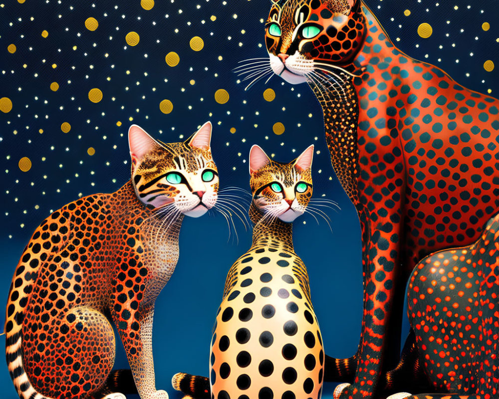 Colorful Stylized Cats with Surreal Designs on Blue Background