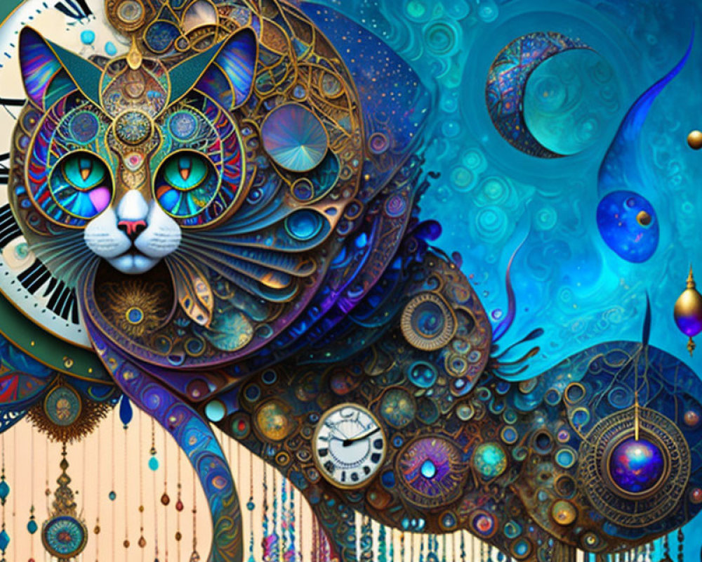 Colorful Stylized Cat Artwork with Cosmic Background