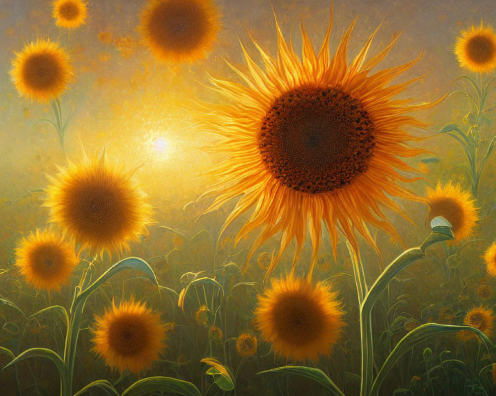 Sunflower field at sunrise with detailed sunflower and golden light