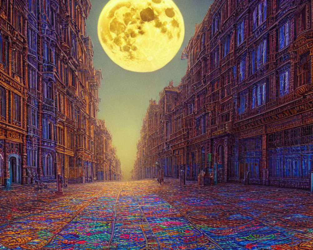 Surreal night streetscape with glowing buildings under moonlit sky