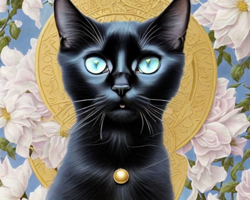 Regal Black Cat with Blue Eyes in Golden Mandala and White Roses