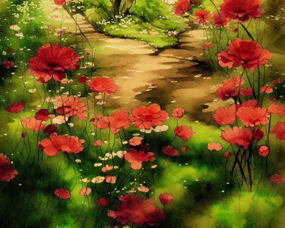 Vibrant red and pink flowers in lush garden path watercolor painting