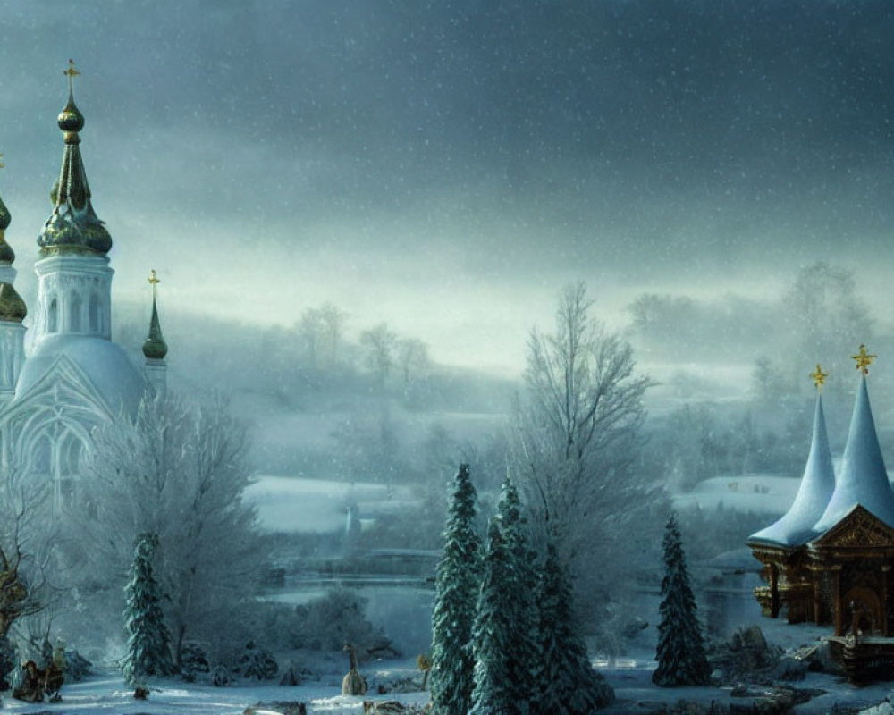 Snow-covered church with golden domes in serene winter landscape