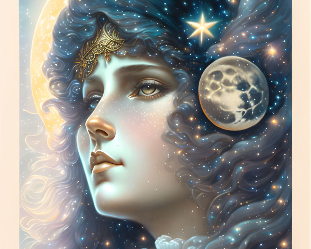 Stylized portrait of a woman with celestial features and blue starry hair.