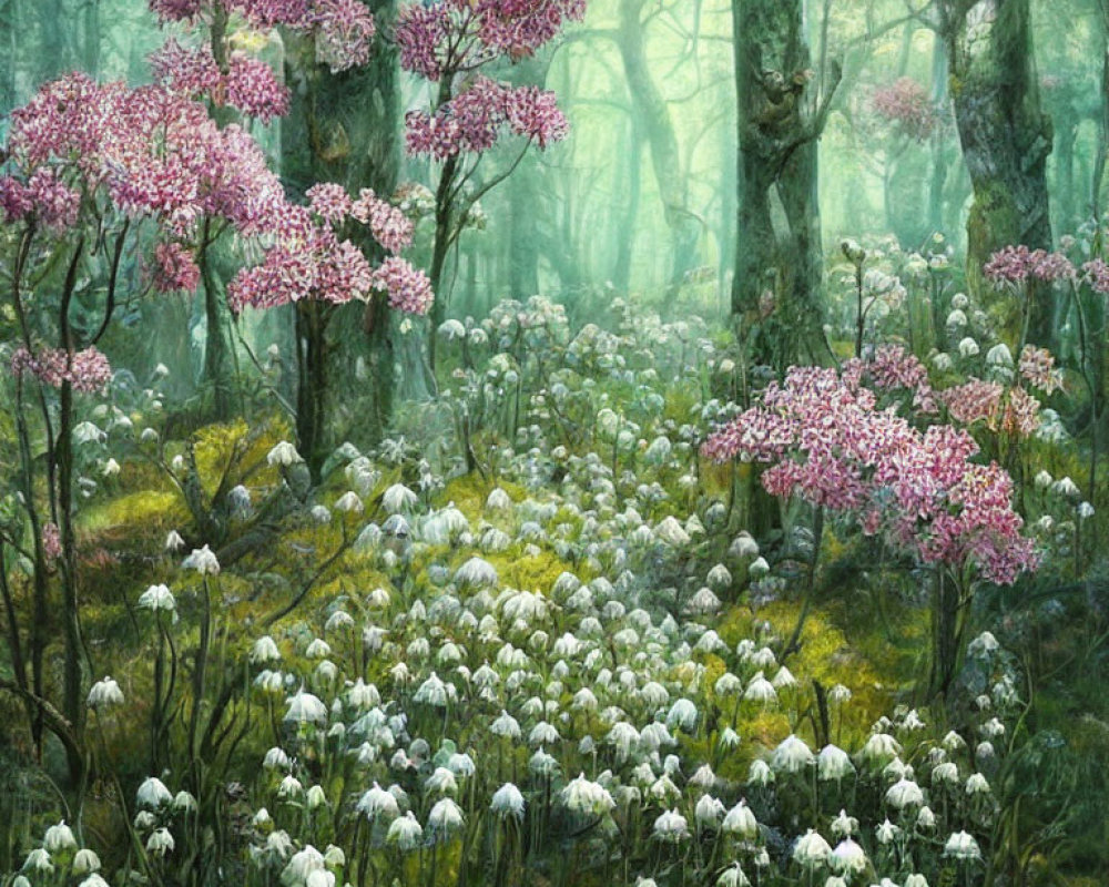 Enchanting forest scene with white and pink flowers under soft light