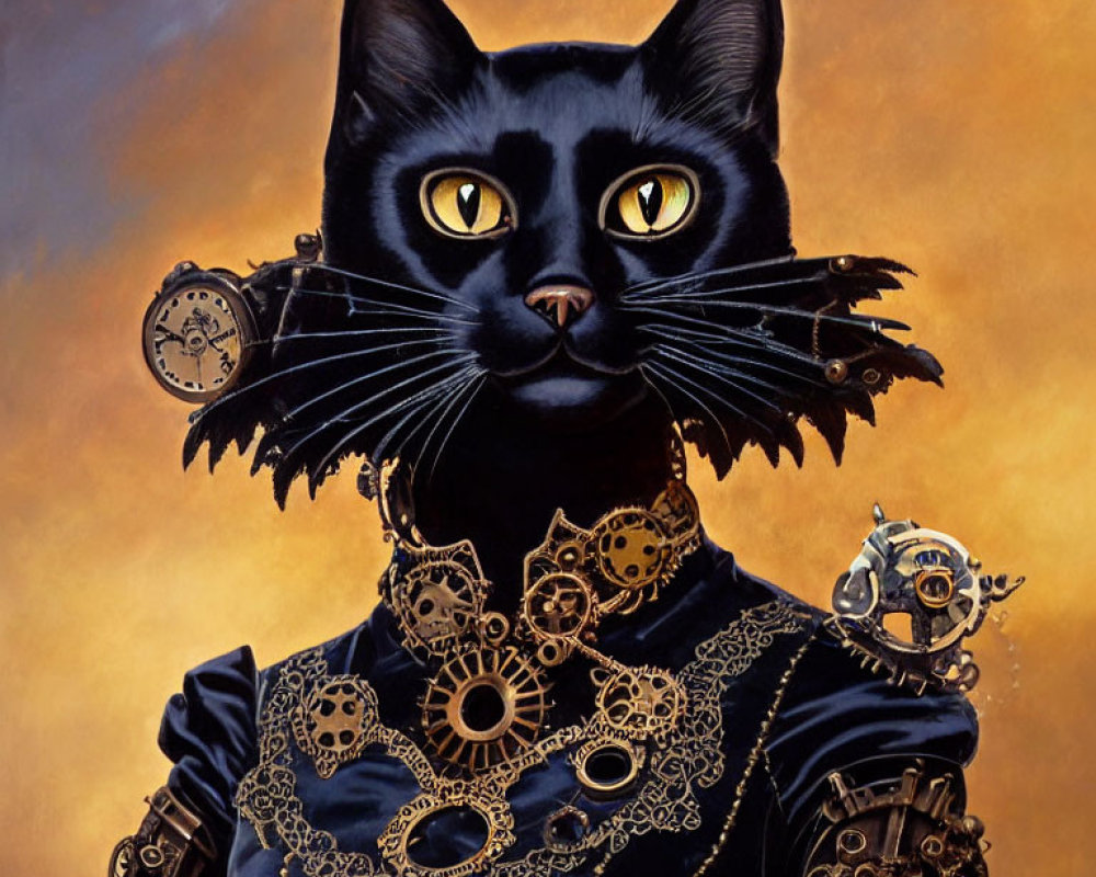 Anthropomorphic black cat in Victorian-style outfit with steampunk accessories