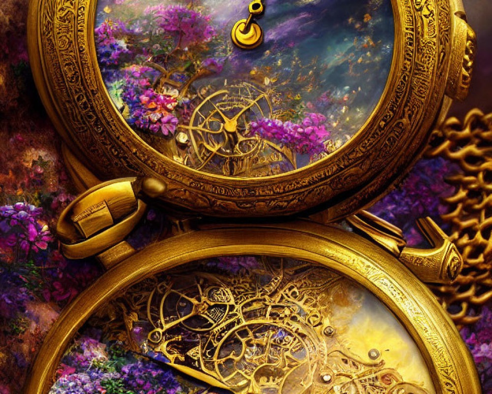 Detailed Landscape and Clockwork Gears in Open Pocket Watch