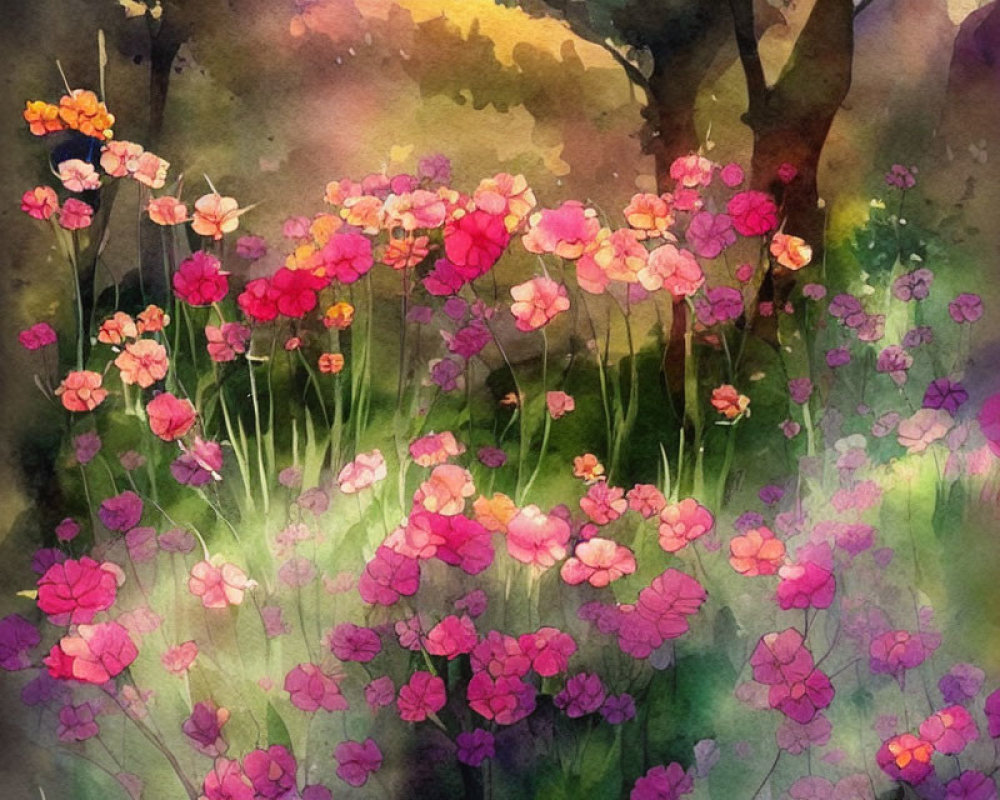 Colorful Watercolor Painting of Lush Garden with Pink and Orange Flowers