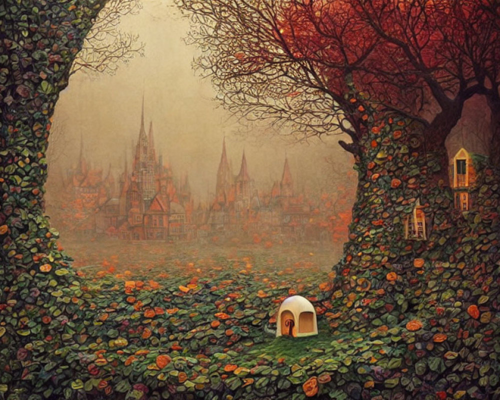 Autumnal scene with leaf-covered ground, archway trees, and medieval-style houses.