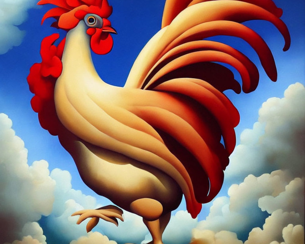 Colorful Rooster Illustration on Blue Sky Background