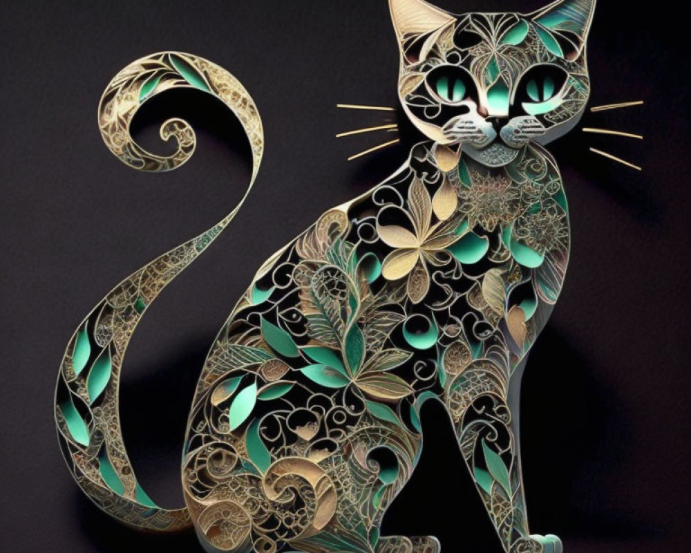 Stylized cat illustration with gold and green floral patterns on dark background