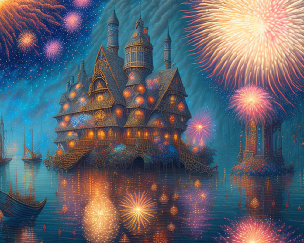 Fantasy castle reflected in water with fireworks and boats at night