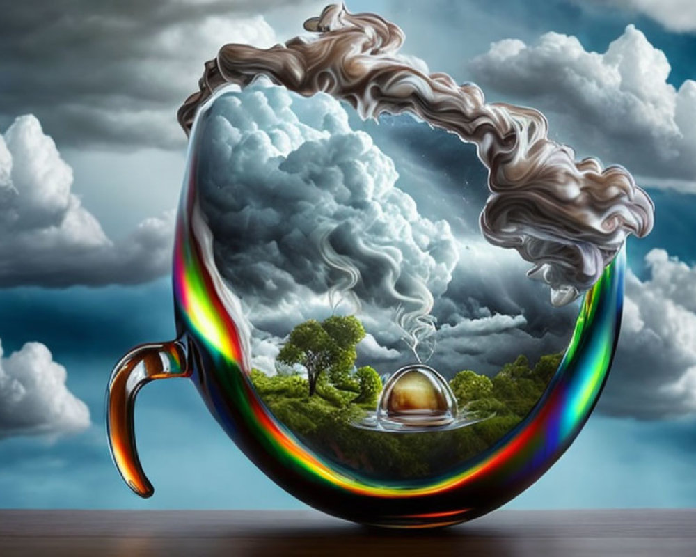 Surreal image of transparent coffee cup with stormy cloud contents and small house inside