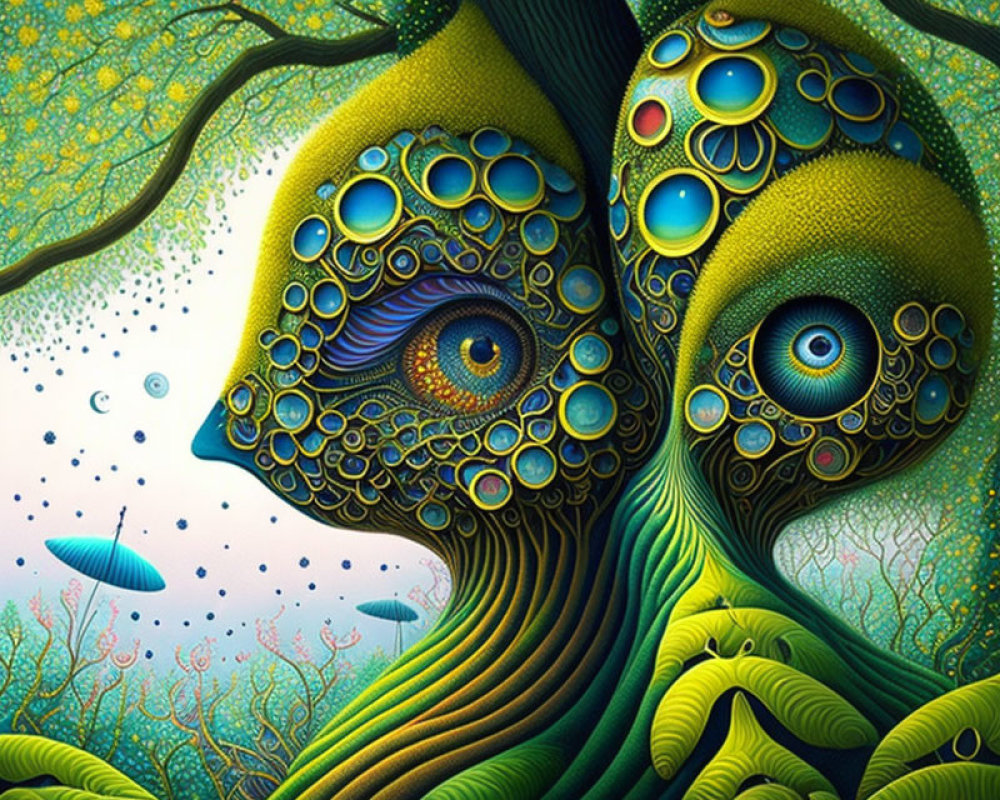 Colorful Surrealist Artwork: Two Peacock Entities in Fantastical Landscape